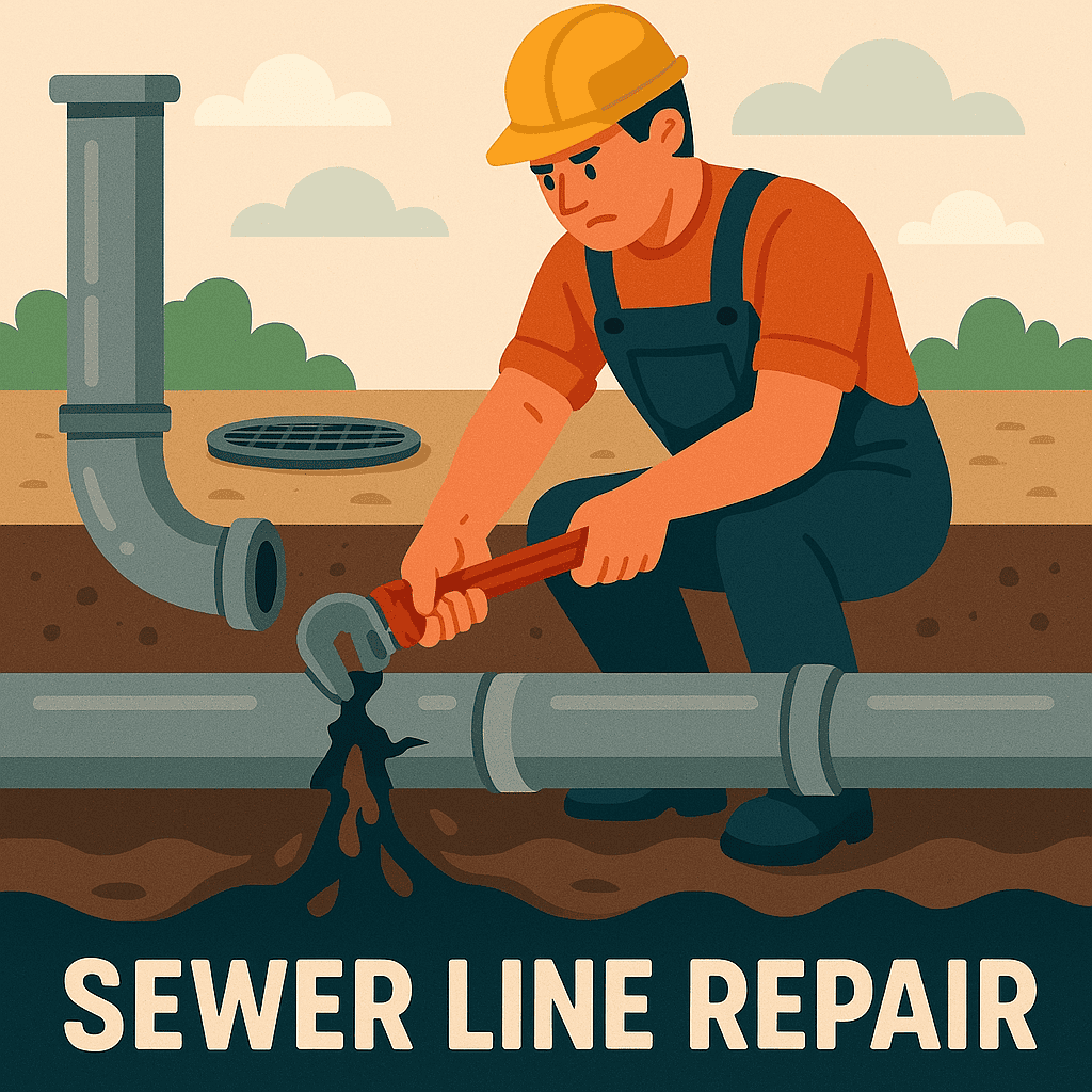 Illustration of a worker in overalls and a hard hat, using a wrench to fix a leaking sewer pipe. Text reads "Sewer Line Repair.