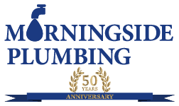 Logo of Morningside Plumbing featuring a faucet design, with “50 Year Anniversary” written below in gold, flanked by laurel branches.