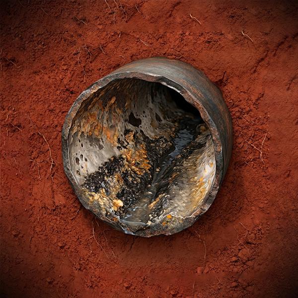 Cast iron pipe cross-section showing interior deterioration from aging