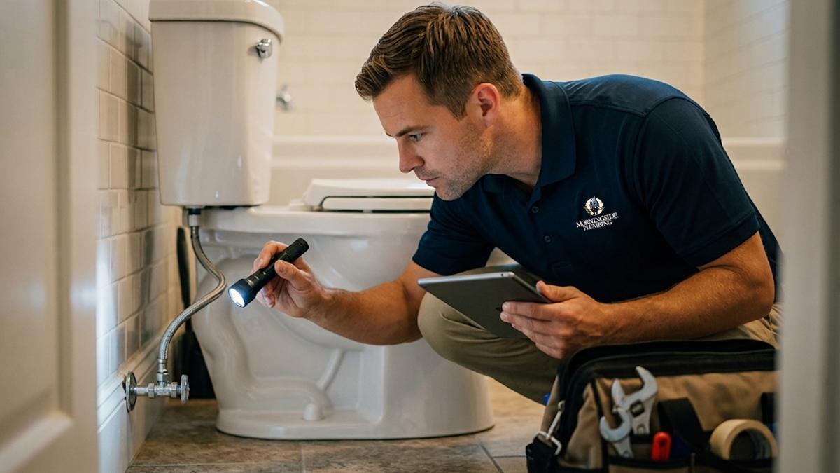 Morningside Plumbing technician inspecting a toilet shut-off valve and supply line connection